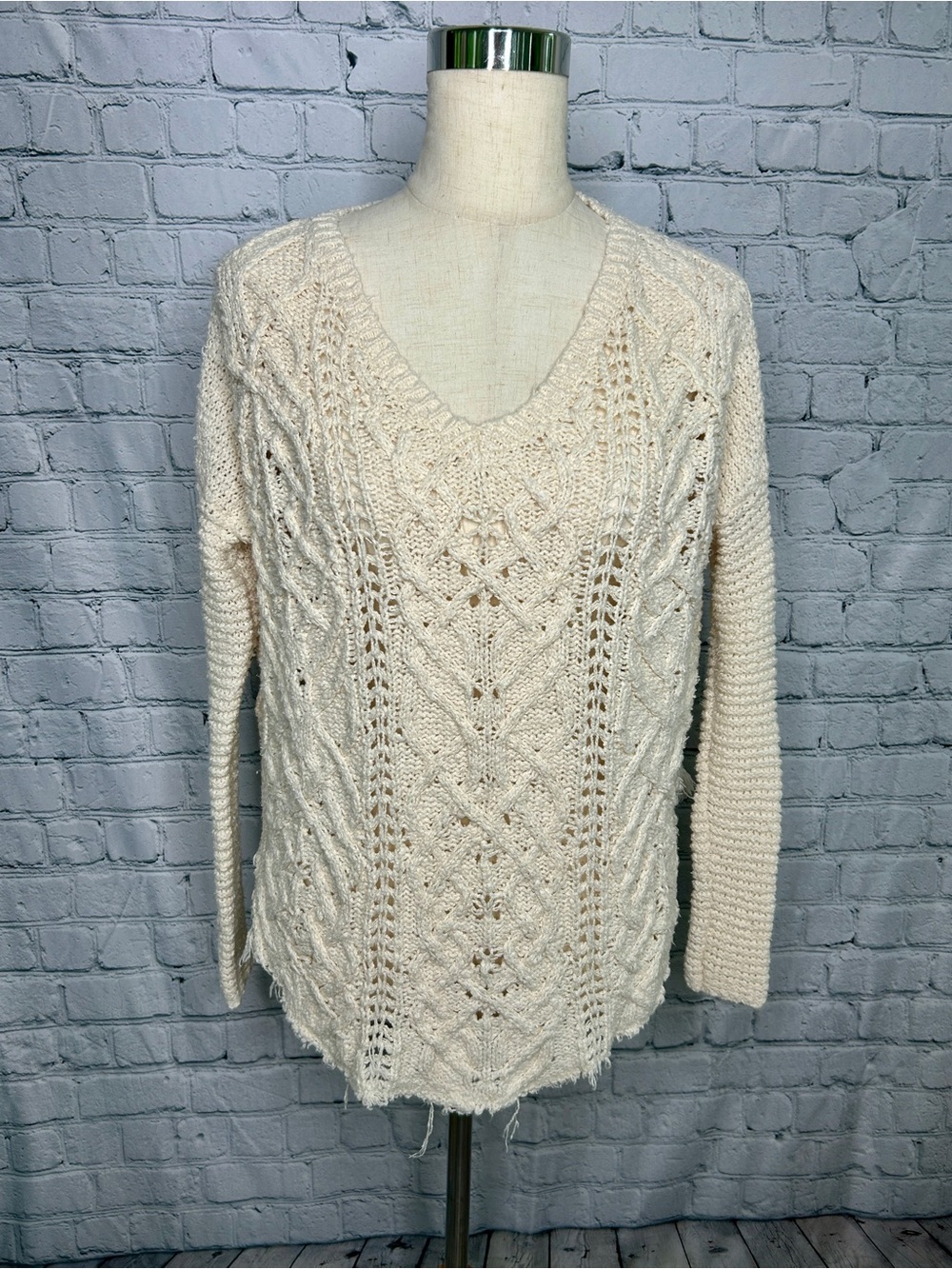 Free People Cream Open Cable Knit V-Neck Sweater